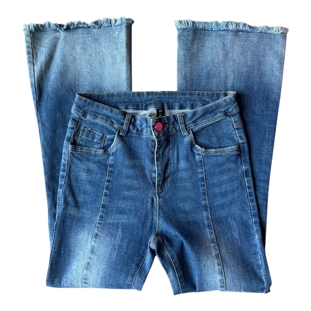 Retro High Rise Center Seam flare fringed blue Jeans size 27" waist - Picture 7 of 9